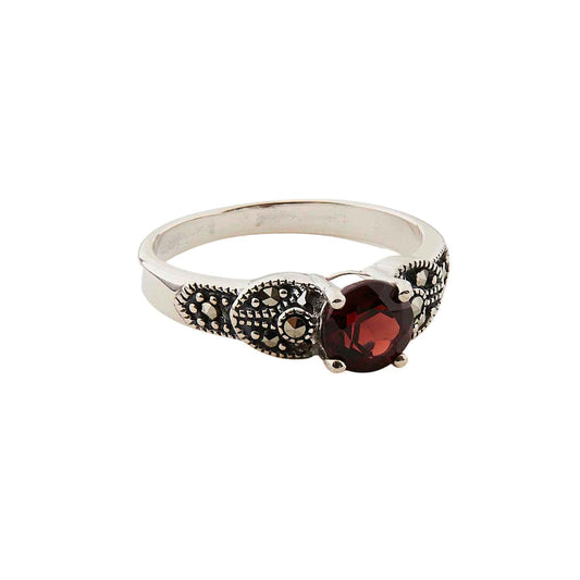 Art Deco Style Ring: Sterling Silver, Marcasite, Red Garnet
