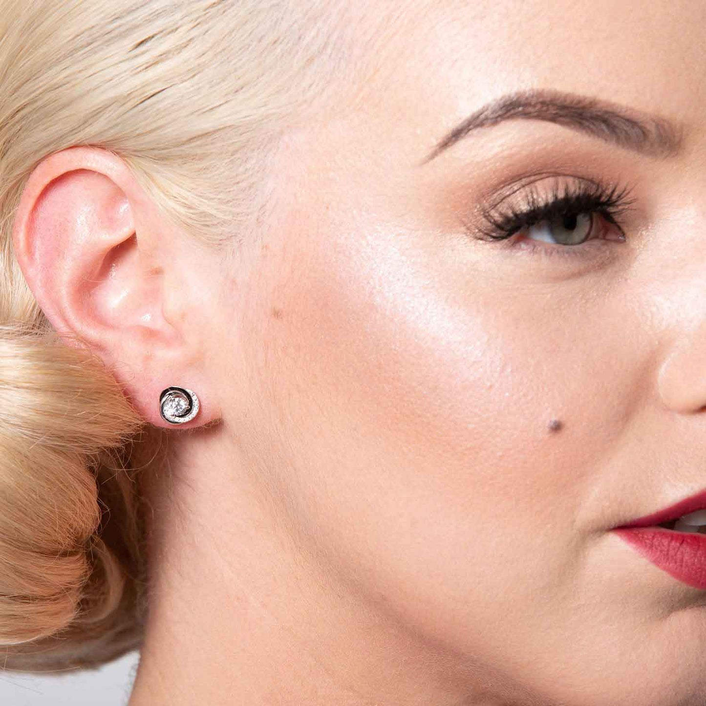 Gloria: Art Nouveau Stud Earrings in Cubic Zirconia, Black Enamel and Sterling Silver