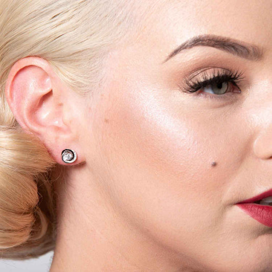 Gloria: Art Nouveau Stud Earrings in Cubic Zirconia, Black Enamel and Sterling Silver