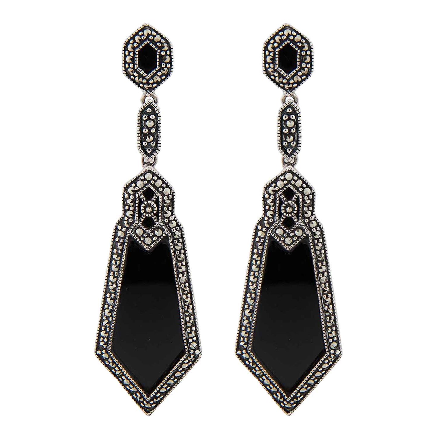 Harlow: Art Deco Design Drop Earrings in Onyx, Marcasite and Sterling Silver