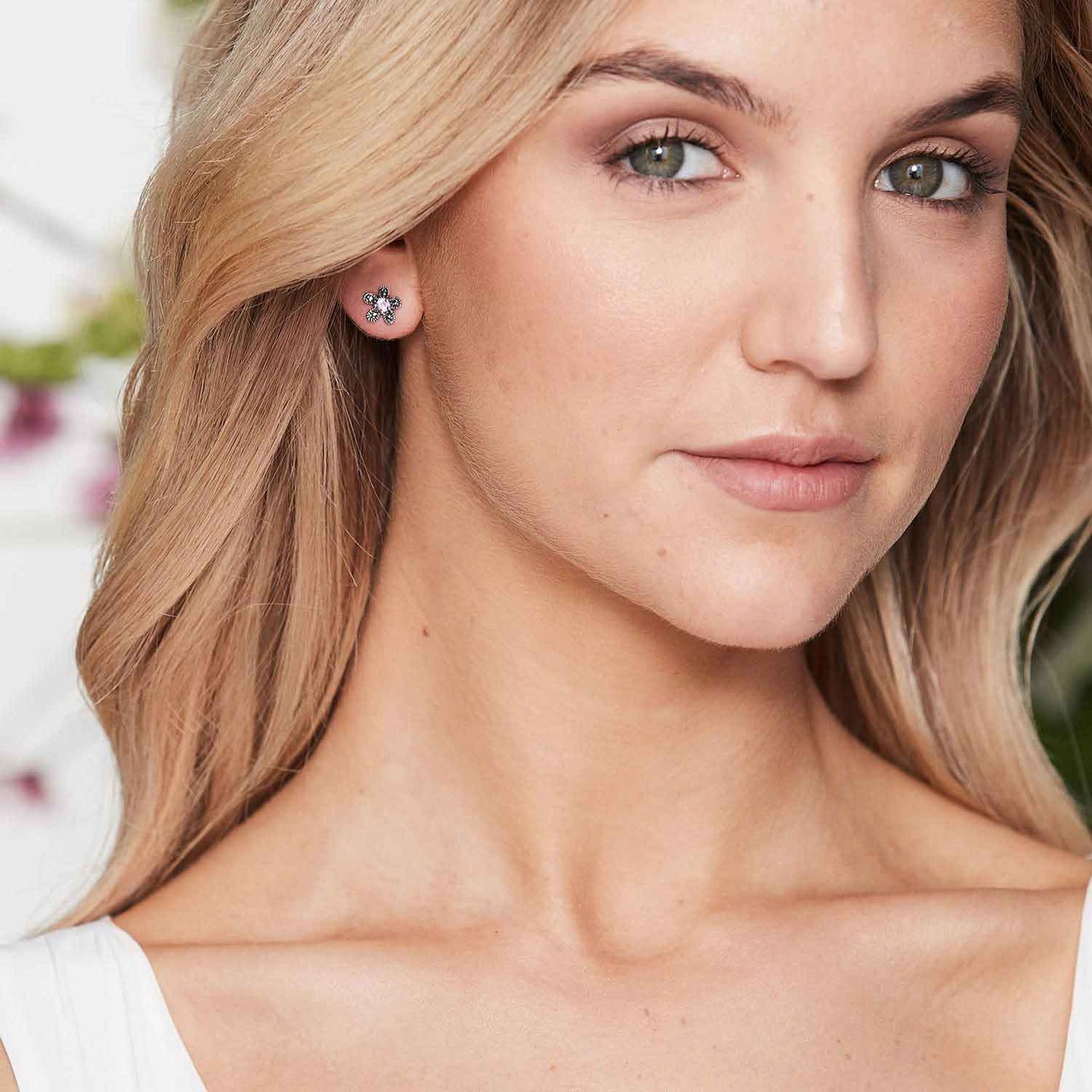 Hermia: Flower Stud Earrings in Blue Topaz, Marcasite and Sterling Silver