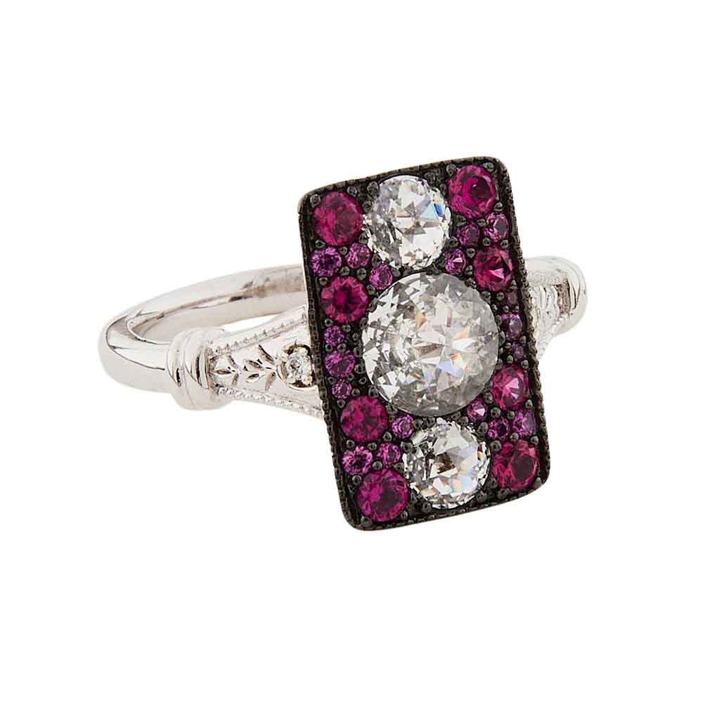 Inez: Antique Style Ring in Cubic Zirconia, Synthetic Ruby and Sterling Silver