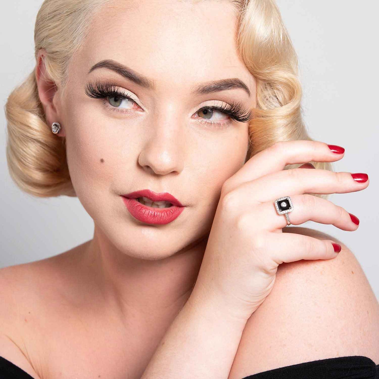 Ingrid: Square Art Deco Ring in Black Onyx, Cubic Zirconia and Sterling Silver