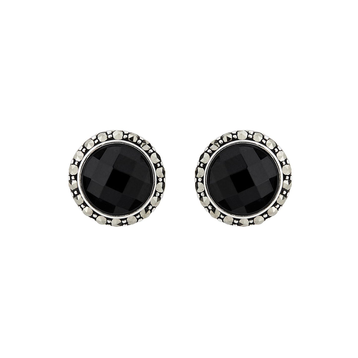Jeanette: Stud Earrings in Faceted Black Onyx, Marcasite and Sterling Silver