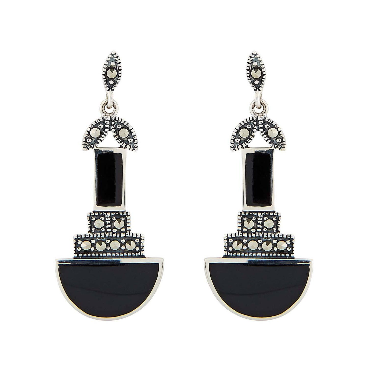 Jolene: Art Deco Drop Earrings in Black Onyx, Marcasite and Sterling Silver