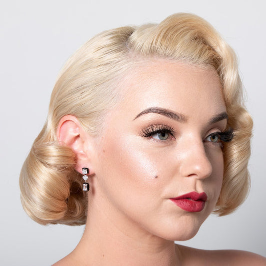 Lana: Art Deco Drop Earrings in Cubic Zirconia, Black Enamel and Sterling Silver