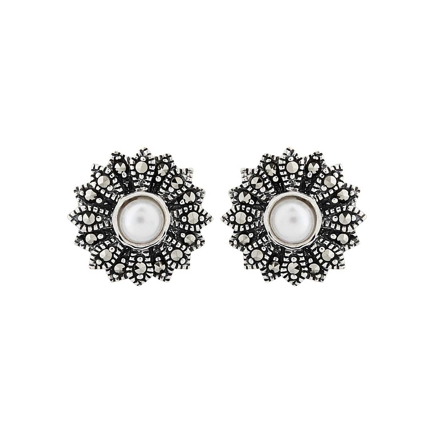 Margot: Retro Stud Earrings in Pearl, Marcasite and Sterling Silver