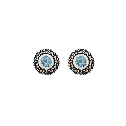Maria: Art Deco Stud Earrings in Blue Topaz, Marcasite and Sterling Silver