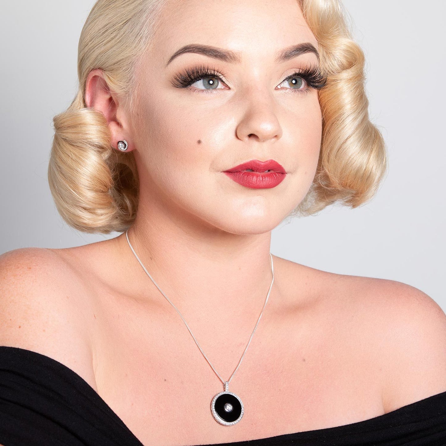 Marilyn: Art Deco Pendant Necklace in Cubic Zirconia, Black Onyx and Sterling Silver