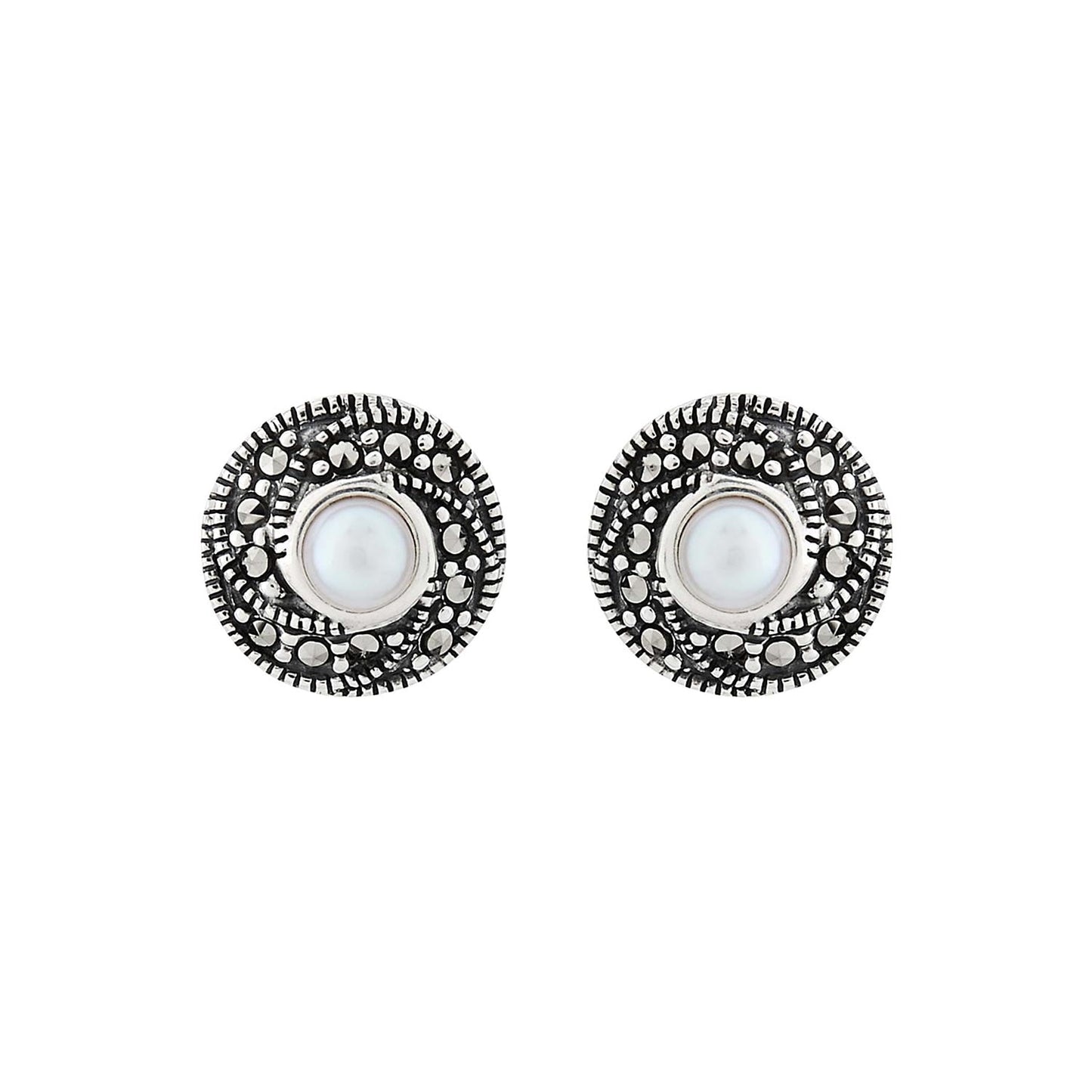 Nell: Classic Cluster Stud Earring in Pearl, Marcasite and Sterling Silver