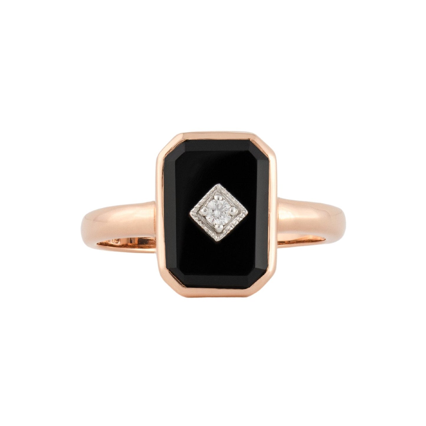 Octavia: Art Deco Style Ring in 9ct Rose Gold, Onyx and Diamond