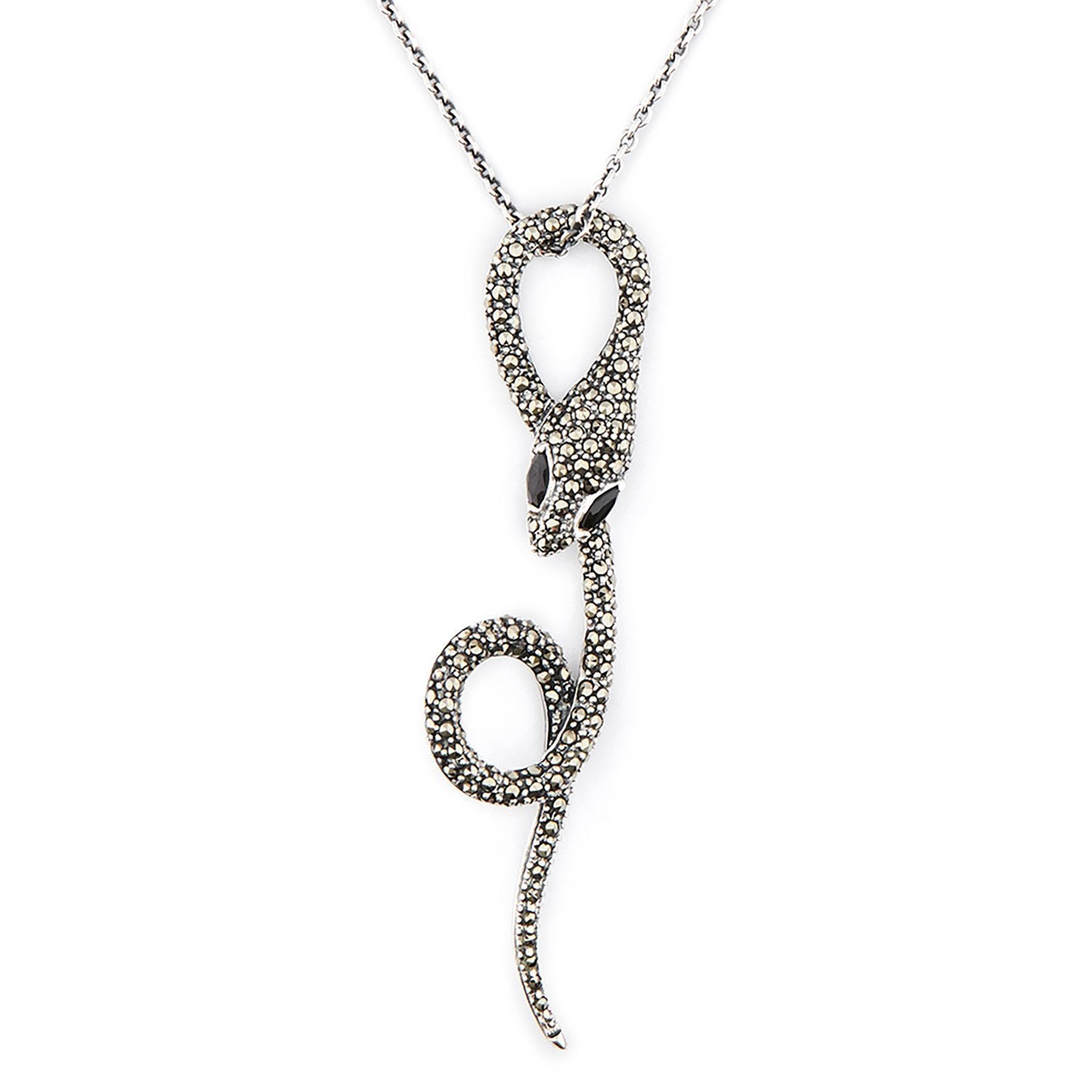 Victoria: Victorian Snake Pendant Necklace in Marcasite, Onyx and Sterling Silver