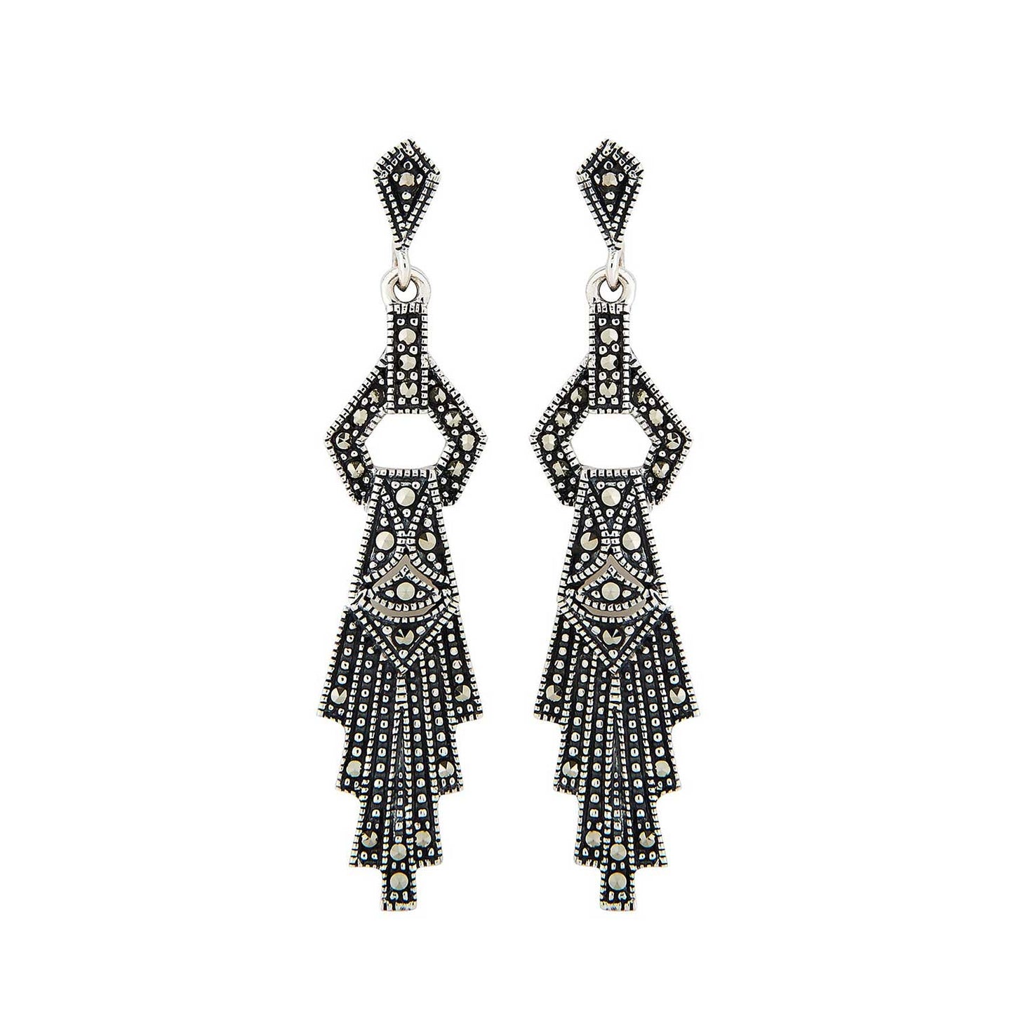 Penelope: Art Deco Drop Earrings in Marcasite and Sterling Silver