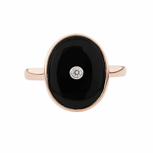 Art Deco Style Oval Ring: 9ct Rose Gold, Onyx and Diamond