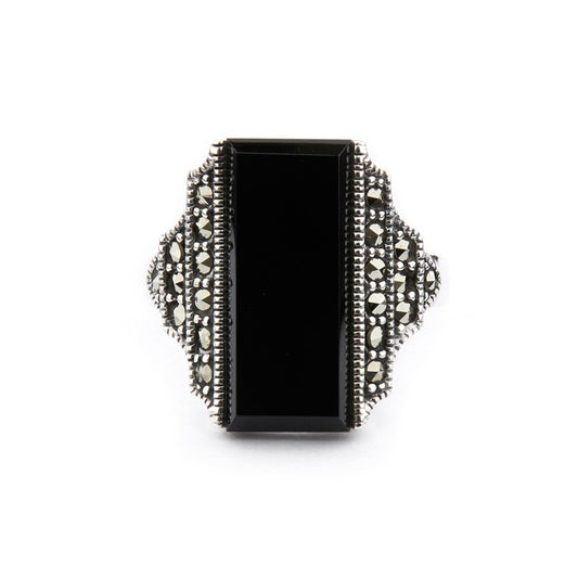Art Deco Style Ring: Sterling Silver, Black Onyx, Marcasite