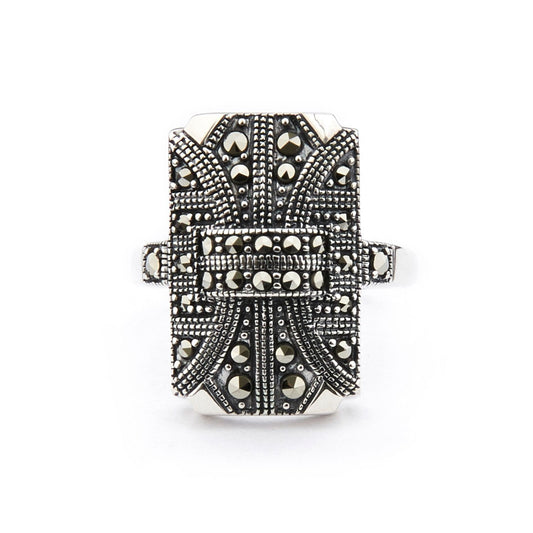 Art Deco Style Shield Ring: Sterling Silver, Marcasite