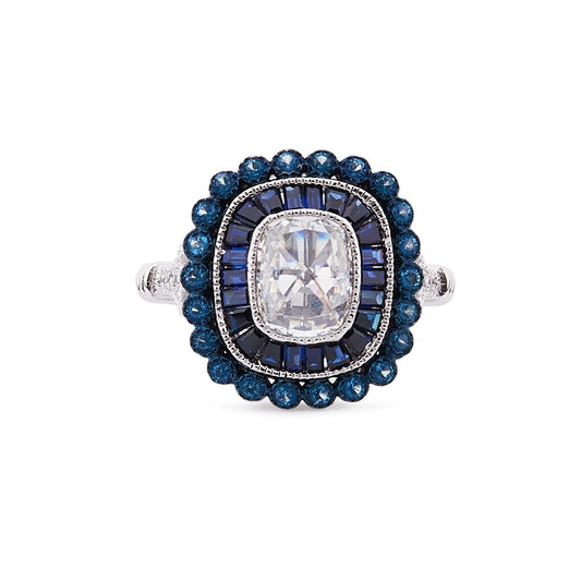 Art Deco Style Ring: Sterling Silver Ring, Antique Cut Cubic Zirconia, Blue Topaz, Synthetic Sapphire