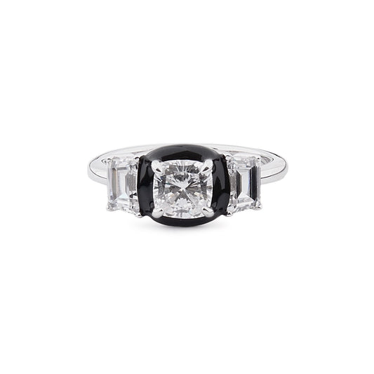 Art Deco Style Ring: Sterling Silver, Cubic Zirconia, Black Enamel