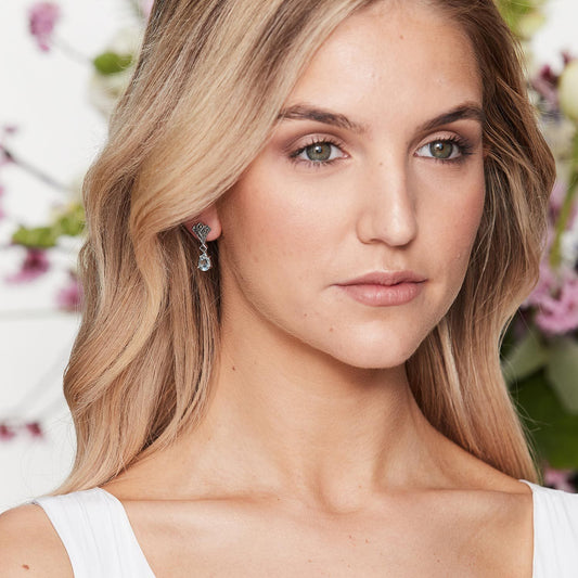 Margery: Art Deco Drop Earrings in Blue Topaz, Marcasite and Sterling Silver