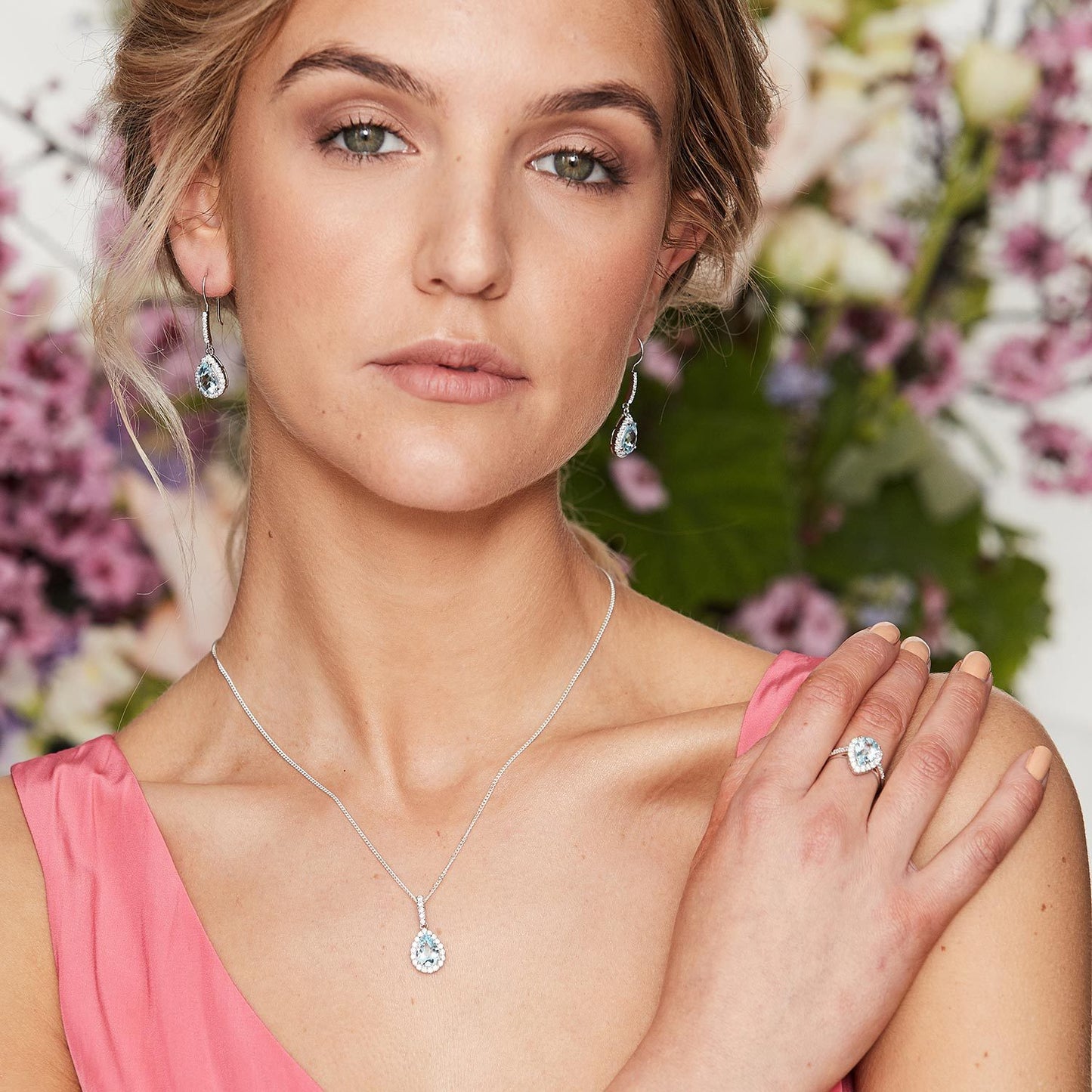 Juliet: Art Deco Pear Shaped Pendant Necklace in Blue Topaz, Cubic Zirconia and Sterling Silver