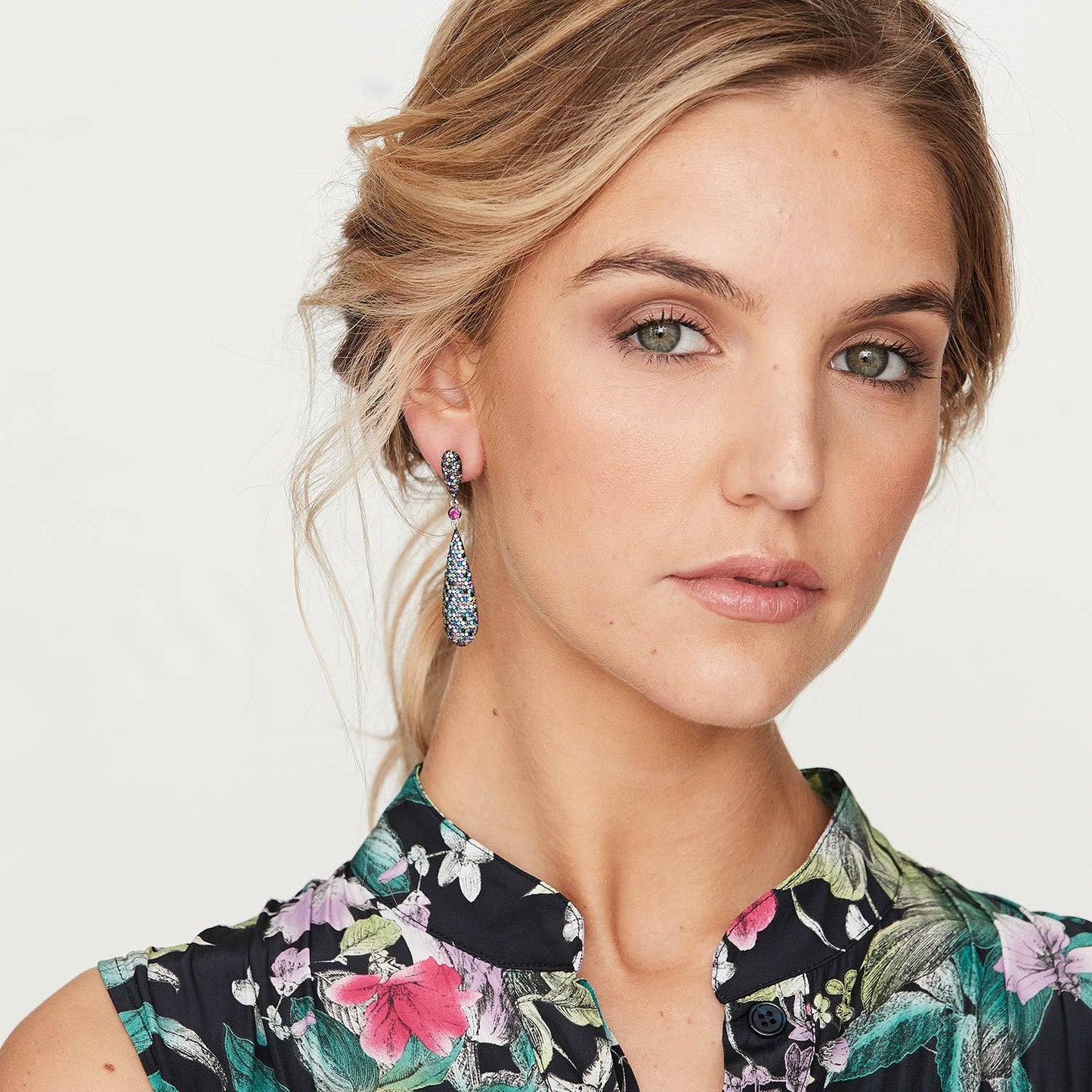 Primrose: Drop Earrings in Rainbow Coloured Cubic Zirconia and Sterling Silver