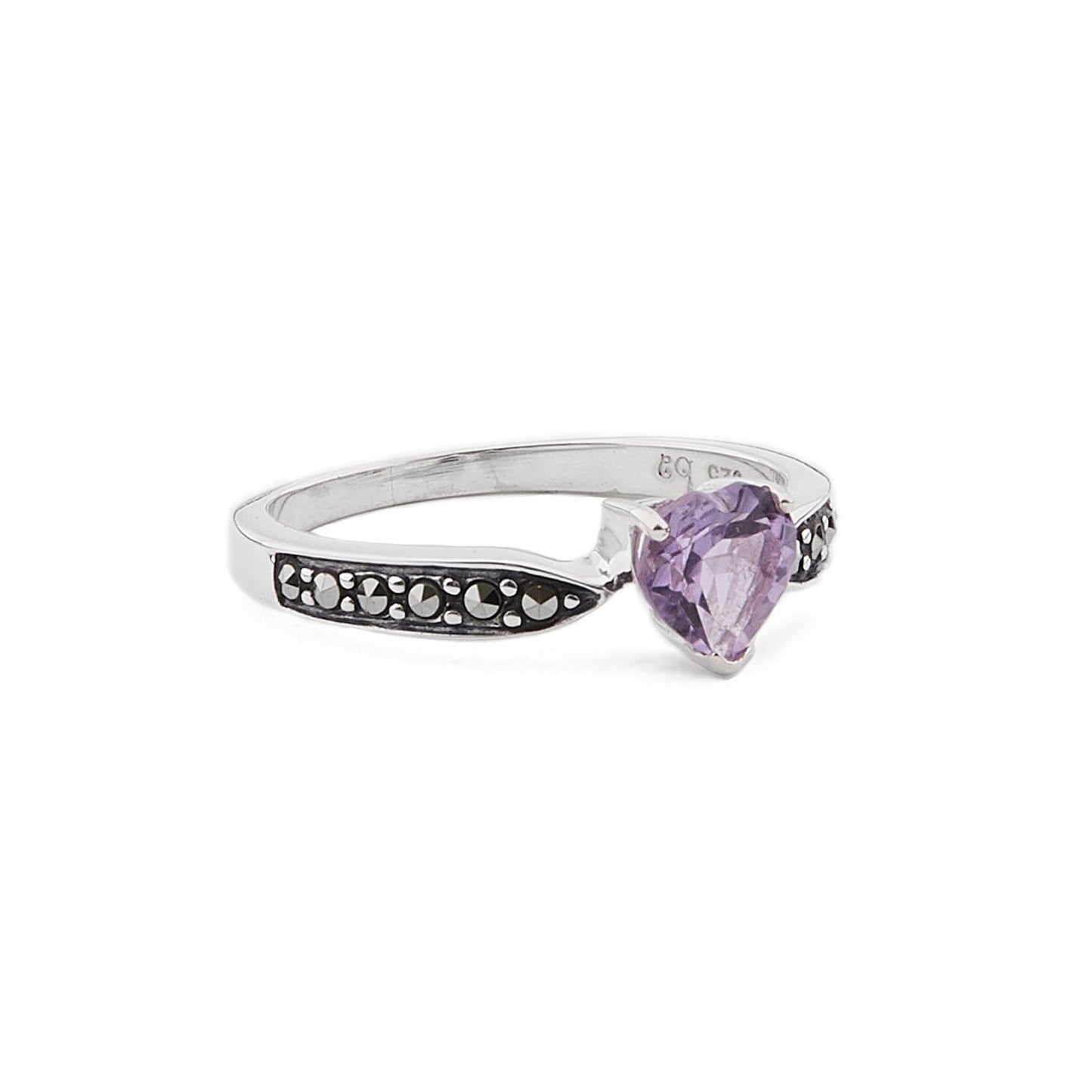 Art Deco Style Heart Ring: Amethyst, Marcasite and Sterling Silver