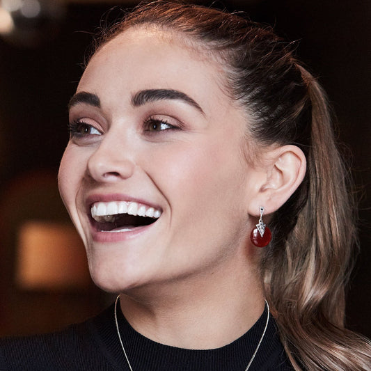 Mabel: Round Art Deco Drop Earrings in Carnelian, Marcasite and Sterling Silver