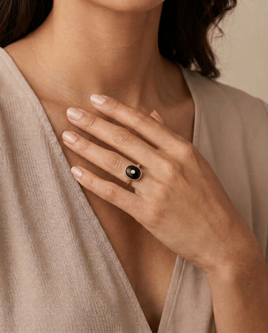 Anna: Oval Art Deco Style Ring in 9ct Rose Gold, Onyx and Diamond