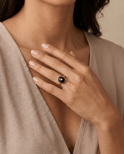 Anna: Oval Art Deco Style Ring in 9ct Rose Gold, Onyx and Diamond