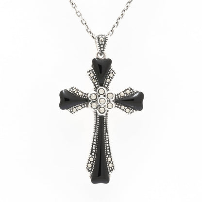 Aurelia: Cross Pendant in Onyx, Marcasite, and Sterling Silver