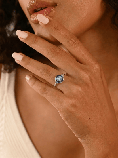 Babette: Art Deco Style Ring in 9ct White Gold Blue Topaz Sapphire and Diamond