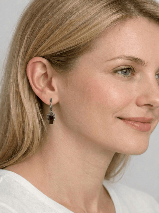 Belle: Art Deco Style Drop Earrings in Black Onyx, Marcasite and Sterling Silver