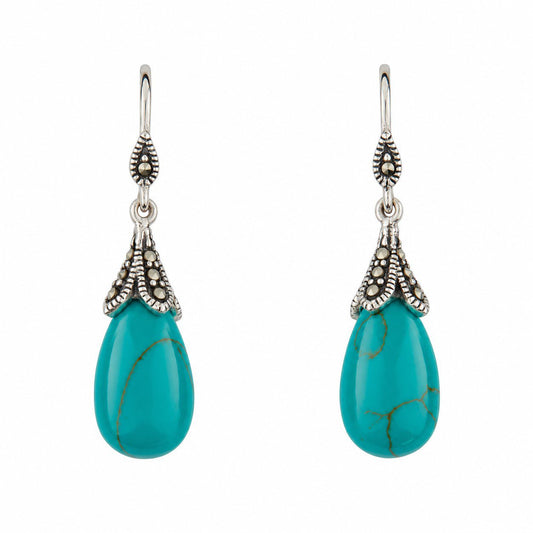 Clover: Art Deco Drop Earrings in Turquoise, Marcasite and Sterling Silver