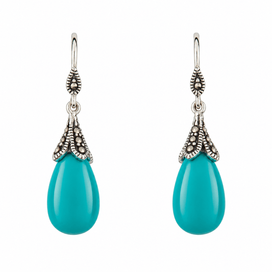 Clover: Art Deco Drop Earrings in Turquoise, Marcasite and Sterling Silver