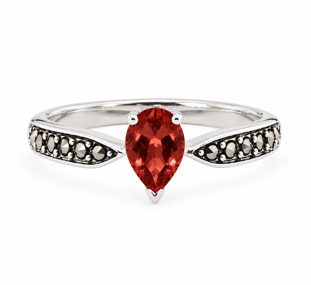 Emilia: Art Deco Pear Shaped Ring in Garnet, Marcasite and Sterling Silver