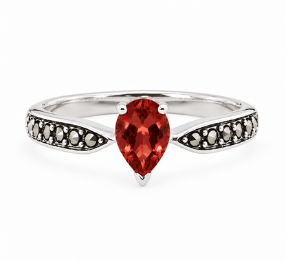 Emilia: Art Deco Pear Shaped Ring in Garnet, Marcasite and Sterling Silver