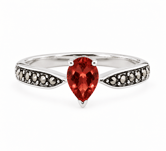 Emilia: Art Deco Pear Shaped Ring in Garnet, Marcasite and Sterling Silver