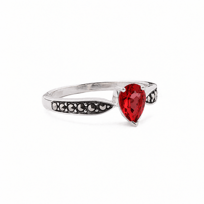 Emilia: Art Deco Pear Shaped Ring in Garnet, Marcasite and Sterling Silver