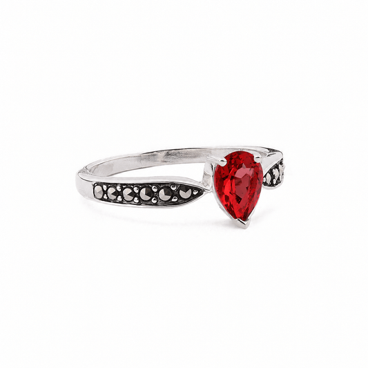 Emilia: Art Deco Pear Shaped Ring in Garnet, Marcasite and Sterling Silver