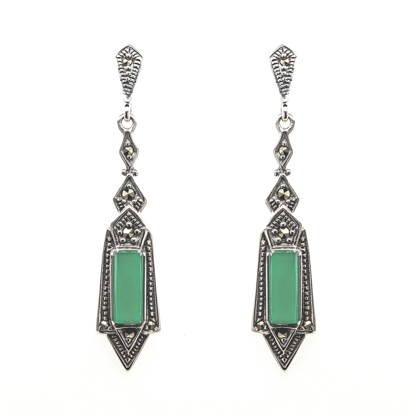 Felicity: Art Deco Style Earrings in Green Agate, Marcasite and Sterling Silver