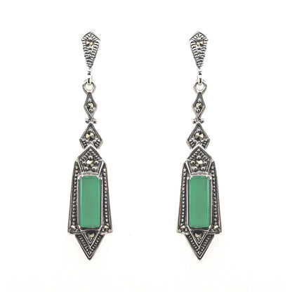 Felicity: Art Deco Style Earrings in Green Agate, Marcasite and Sterling Silver