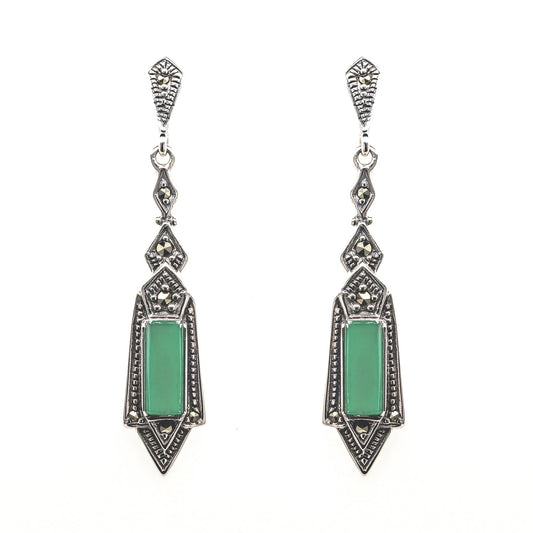 Felicity: Art Deco Style Earrings in Green Agate, Marcasite and Sterling Silver