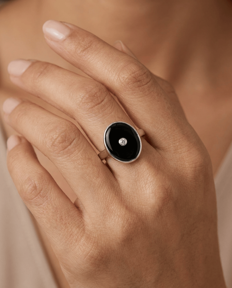 Grand Anna: Classic Oval Art Deco Ring in Black Onyx, Cubic Zirconia and Sterling Silver