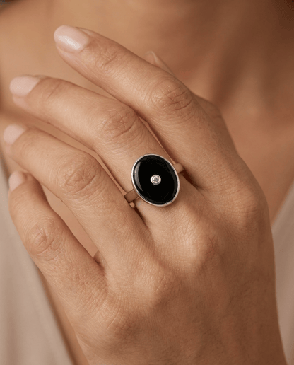 Grand Anna: Classic Oval Art Deco Ring in Black Onyx, Cubic Zirconia and Sterling Silver