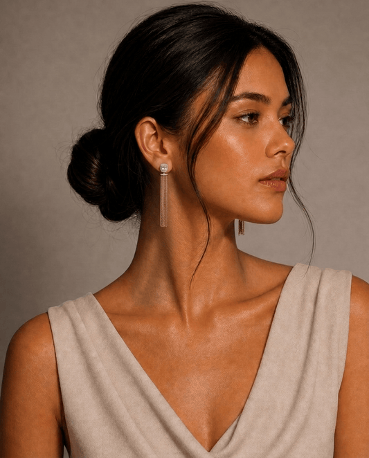 Hayley: Tassel Earrings in Cubic Zirconia and Rose Gold Plated Sterling Silver