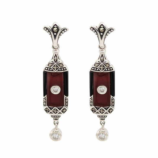 Irene: Art Deco Style Earrings in Carnelian, Onyx, Marcasite, Cubic Zirconia and Sterling Silver.