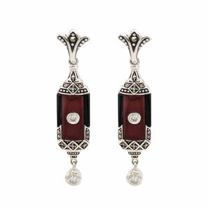 Irene: Art Deco Style Earrings in Carnelian, Onyx, Marcasite, Cubic Zirconia and Sterling Silver.