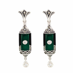 Irene: Art Deco Style Earrings in Green Agate, Onyx, Marcasite, Cubic Zirconia and Sterling Silver.