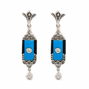 Irene: Art Deco Style Earrings in Synthetic Turquoise, Onyx, Marcasite, Cubic Zirconia and Sterling Silver.