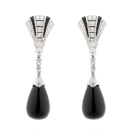 Louise:Art Deco Inspired Earrings in  Onyx, Cubic Zirconia and Sterling Silver
